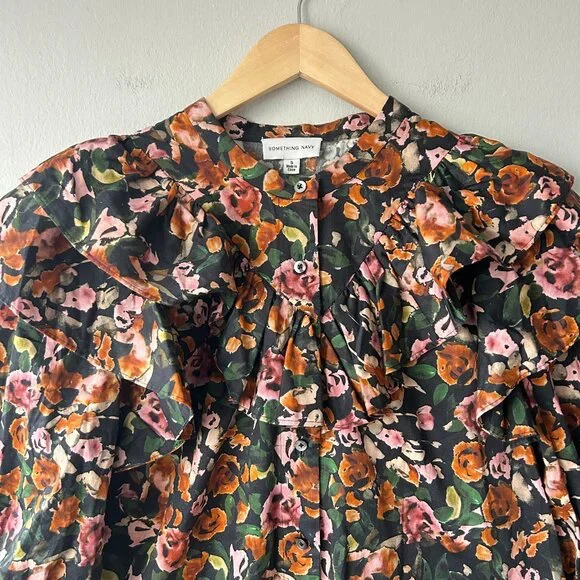 Something Navy Floral Ruffle Yoke Button Front Mini Dress Size S Womens - Picture 3 of 6